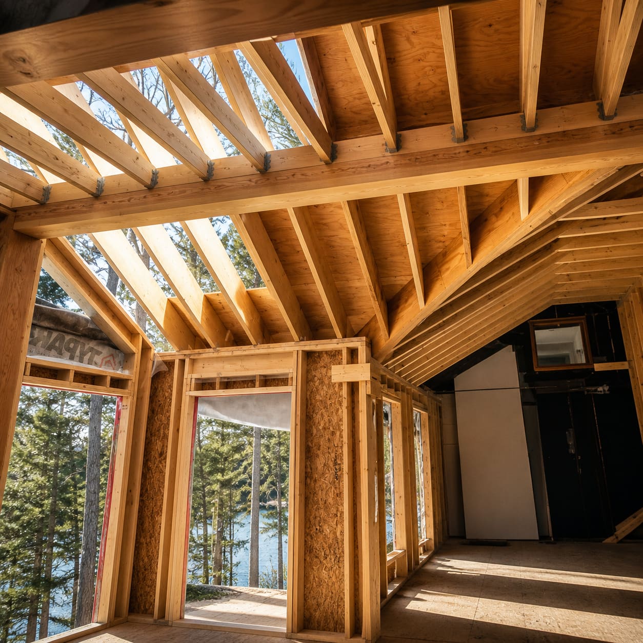 Roof Framing — Engineered rafters, lake view