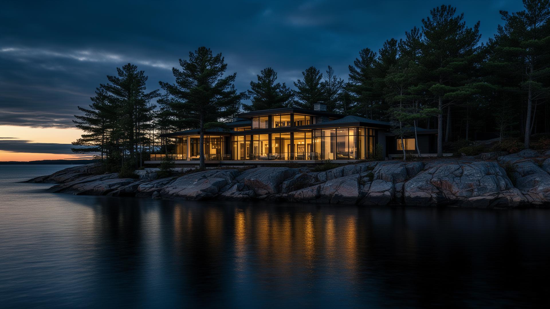 Luxury Muskoka lakefront cottage at dusk built by Lakeside Muskoka